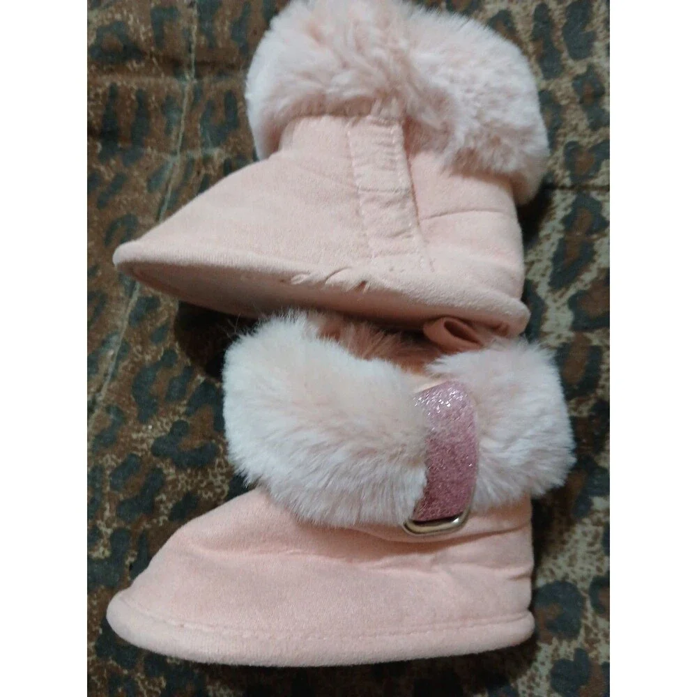 First Steps New Born O-3 M Pink Baby Booties Faux Fur easy closure sparkle